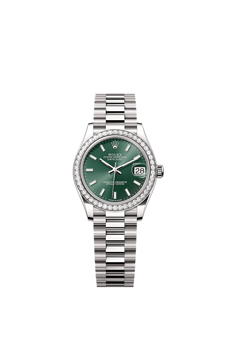 Datejust 31, Oyster, 31 mm, white gold and diamonds, Dial : Mint green, Rolex