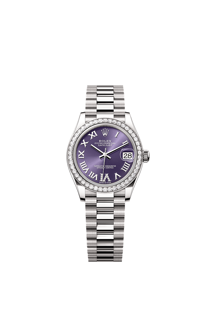 Datejust 31, Oyster, 31 mm, white gold and diamonds, Dial : Aubergine set with diamonds, Rolex