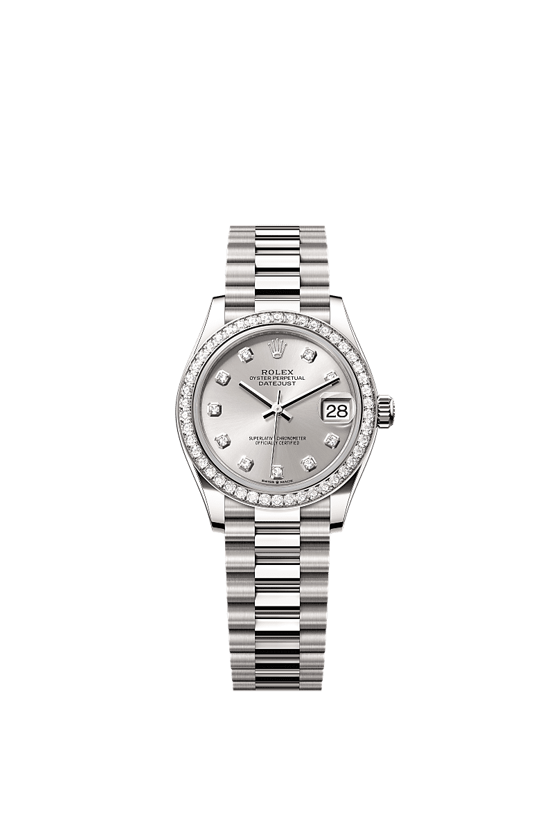 日志型 31, 蚝式,31毫米,钻石及白色黄金, 表盘 : 银色,镶钻石, Rolex