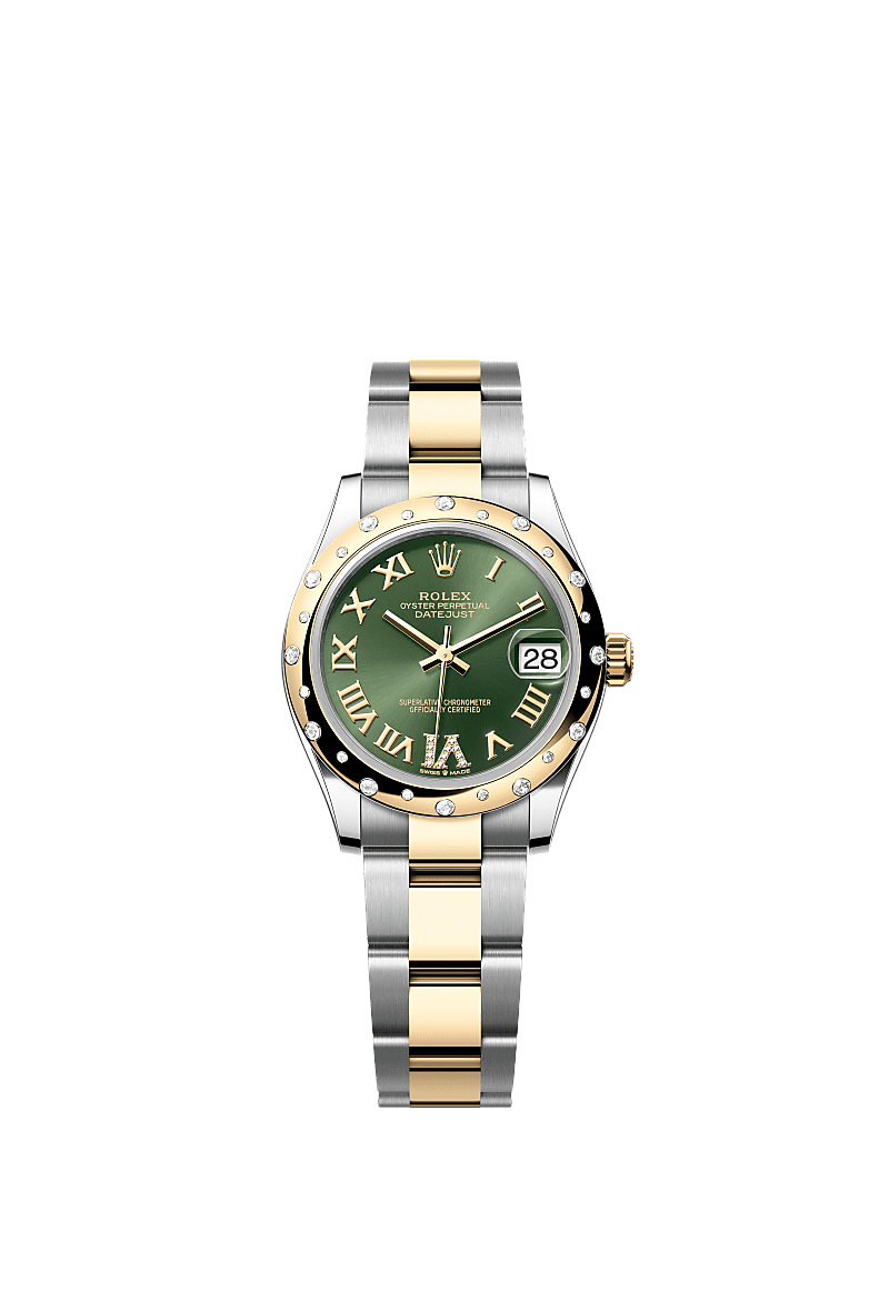 Datejust 31, Oyster, 31 mm, Oystersteel, yellow gold and diamonds, Dial : Olive green set with diamonds, Rolex