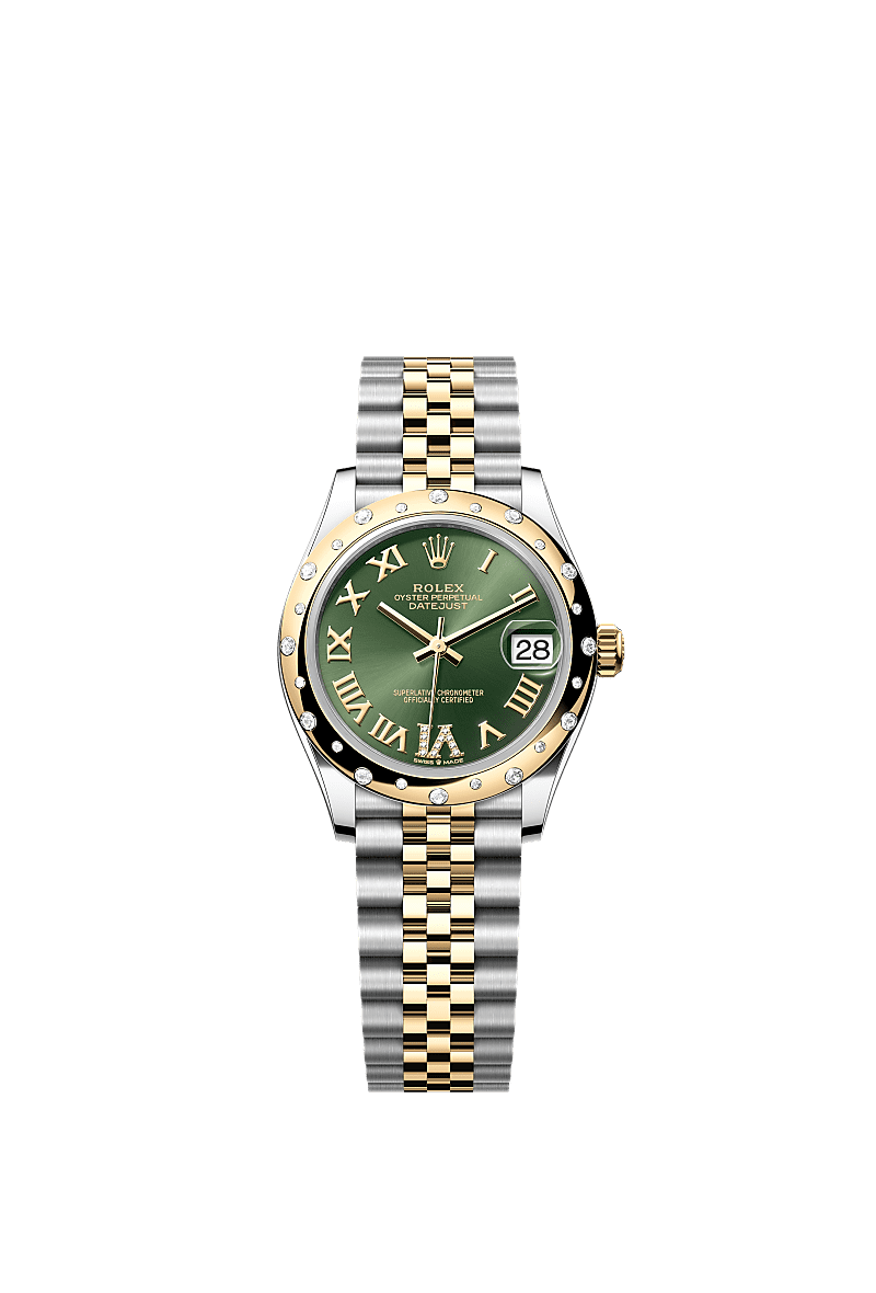 Datejust 31, Oyster, 31 mm, Oystersteel, yellow gold and diamonds, Dial : Olive green set with diamonds, Rolex