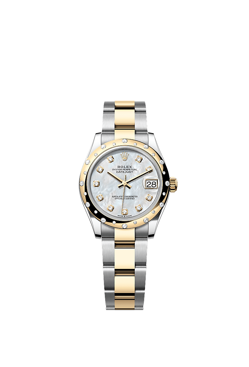 Datejust 31, Oyster, 31 mm, Oystersteel, yellow gold and diamonds, Dial : White mother-of-pearl set with diamonds, Rolex