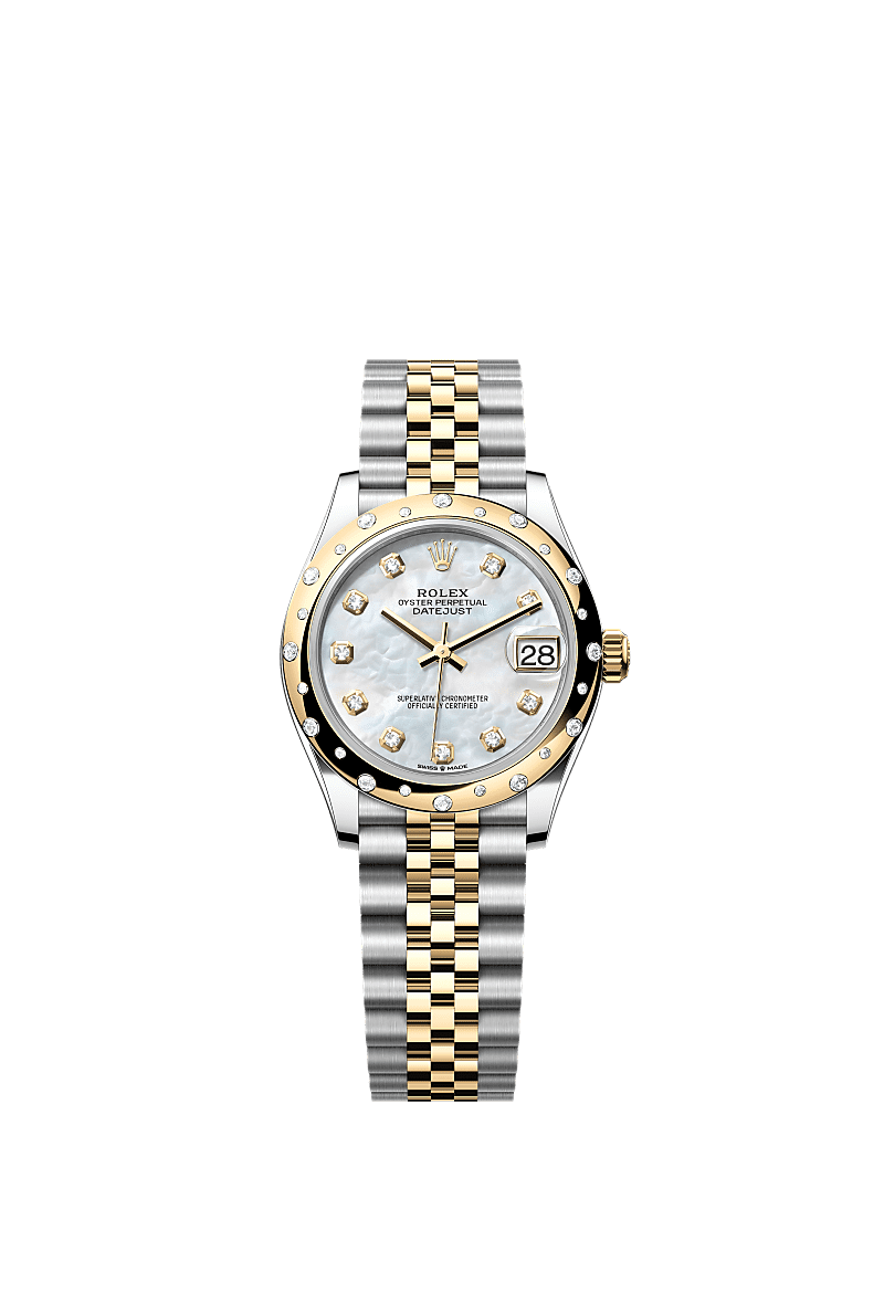 Datejust 31, Oyster, 31 mm, Oystersteel, yellow gold and diamonds, Dial : White mother-of-pearl set with diamonds, Rolex