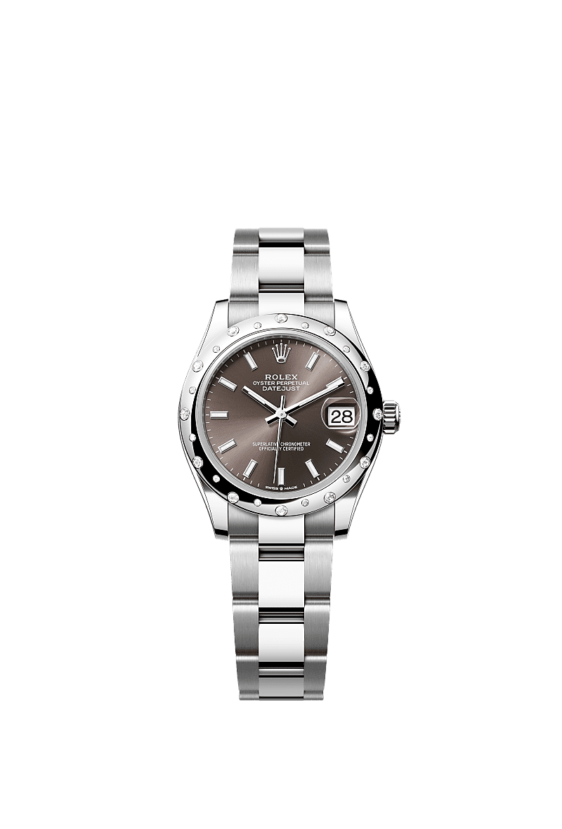 Datejust 31, Oyster, 31 mm, Oystersteel, white gold and diamonds, Dial : Dark grey, Rolex
