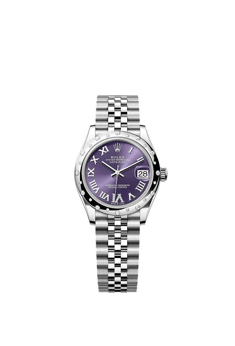 Datejust 31, Oyster, 31 mm, Oystersteel, white gold and diamonds, Dial : Aubergine set with diamonds, Rolex