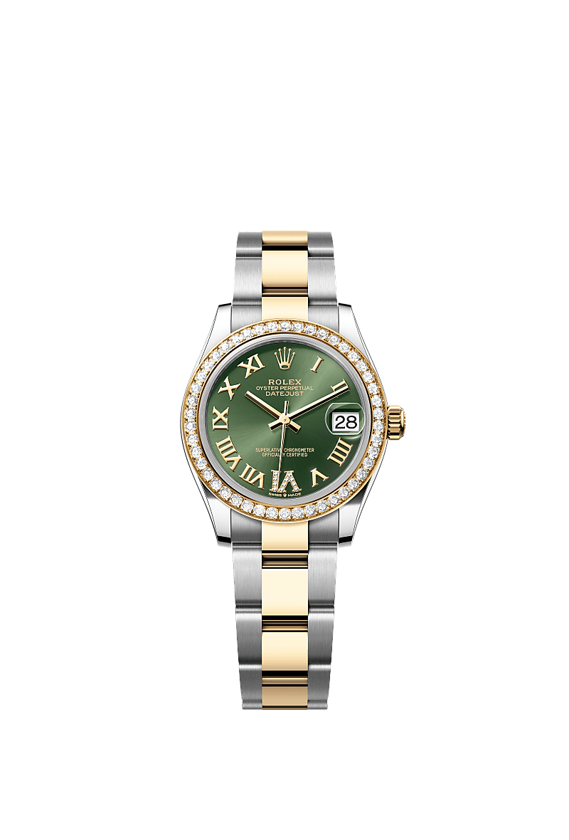 Datejust 31, Oyster, 31 mm, Oystersteel, yellow gold and diamonds, Dial : Olive green set with diamonds, Rolex