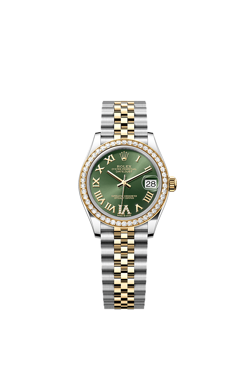 Datejust 31, Oyster, 31 mm, Oystersteel, yellow gold and diamonds, Dial : Olive green set with diamonds, Rolex