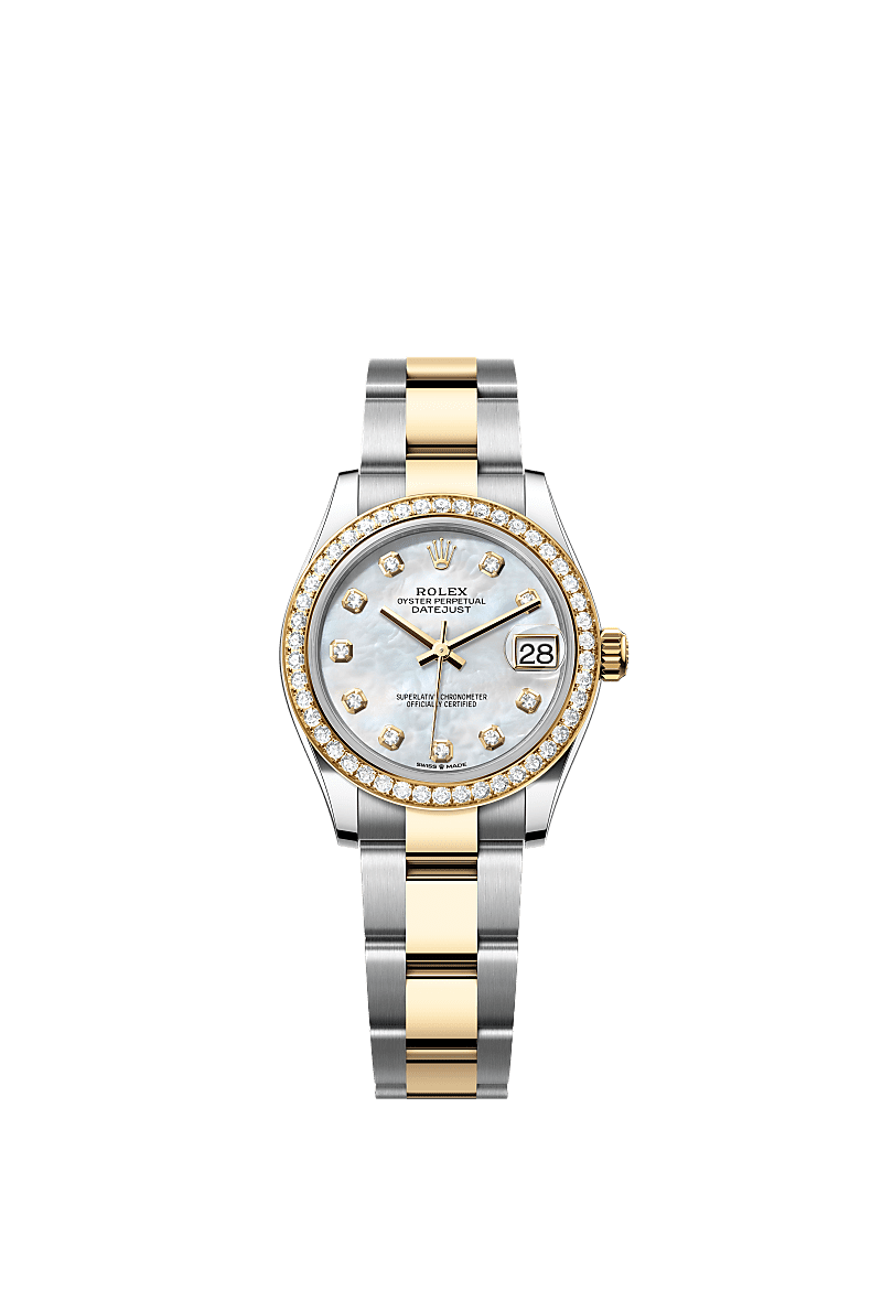 Datejust 31, Oyster, 31 mm, Oystersteel, yellow gold and diamonds, Dial : White mother-of-pearl set with diamonds, Rolex