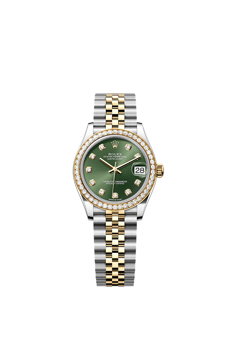 Datejust 31, Oyster, 31 mm, Oystersteel, yellow gold and diamonds, Dial : Olive green set with diamonds, Rolex