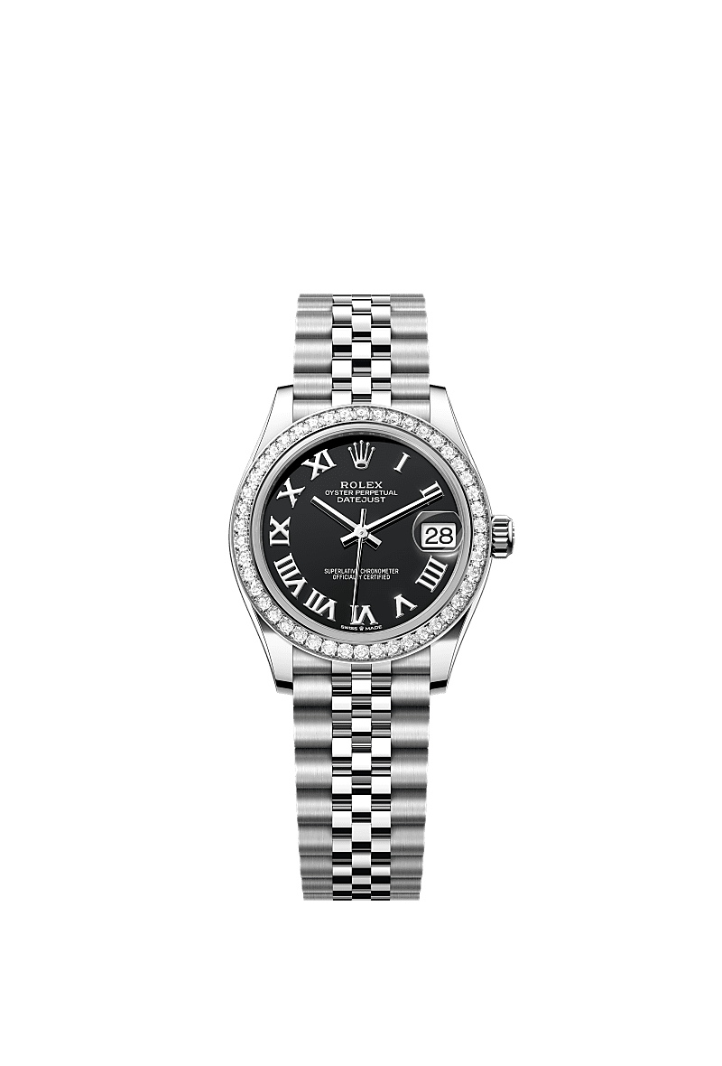 日志型 31, 蚝式，31毫米，钻石、白色黄金及蚝式钢, 表盘 : 亮黑色, Rolex