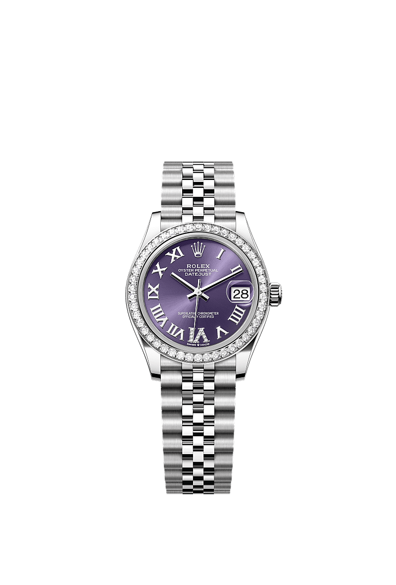 Datejust 31, Oyster, 31 mm, Oystersteel, white gold and diamonds, Dial : Aubergine set with diamonds, Rolex