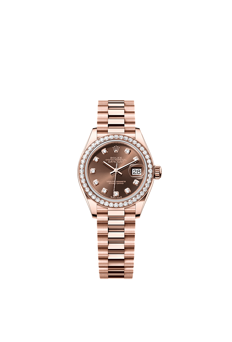 Lady-Datejust, Oyster, 28 mm, Everose gold and diamonds, Dial : Chocolate set with diamonds, Rolex