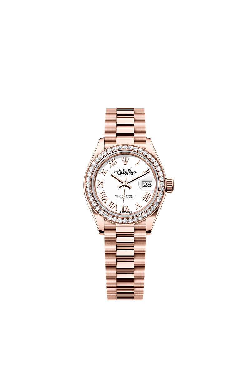 女装日志型, 蚝式,28毫米,钻石及永恒玫瑰金, 表盘 : 白色, Rolex