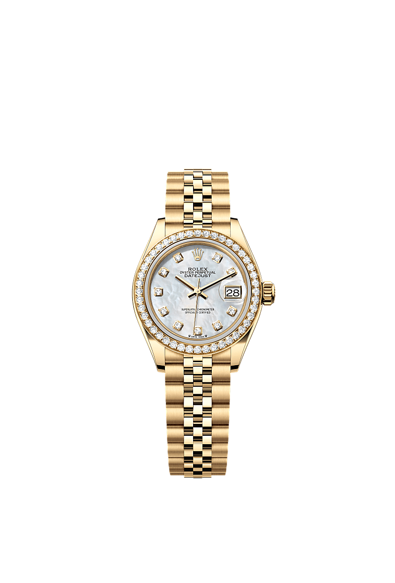 Lady-Datejust, Oyster, 28 mm, yellow gold and diamonds, Dial : White mother-of-pearl set with diamonds, Rolex