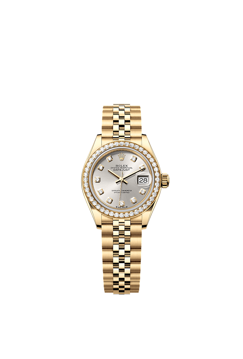 Lady-Datejust, Oyster, 28 mm, yellow gold and diamonds, Dial : Silver set with diamonds, Rolex