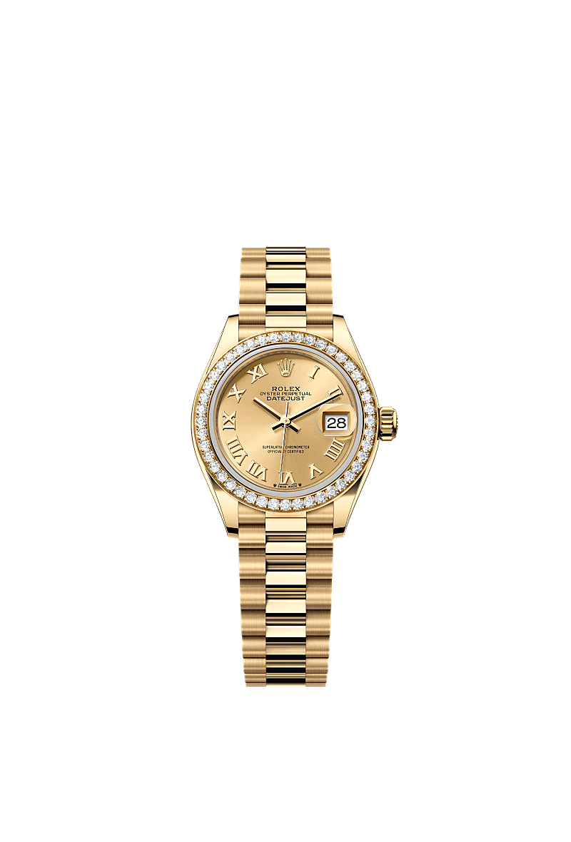 女装日志型, 蚝式,28毫米,钻石及黄金, 表盘 : 香槟色, Rolex