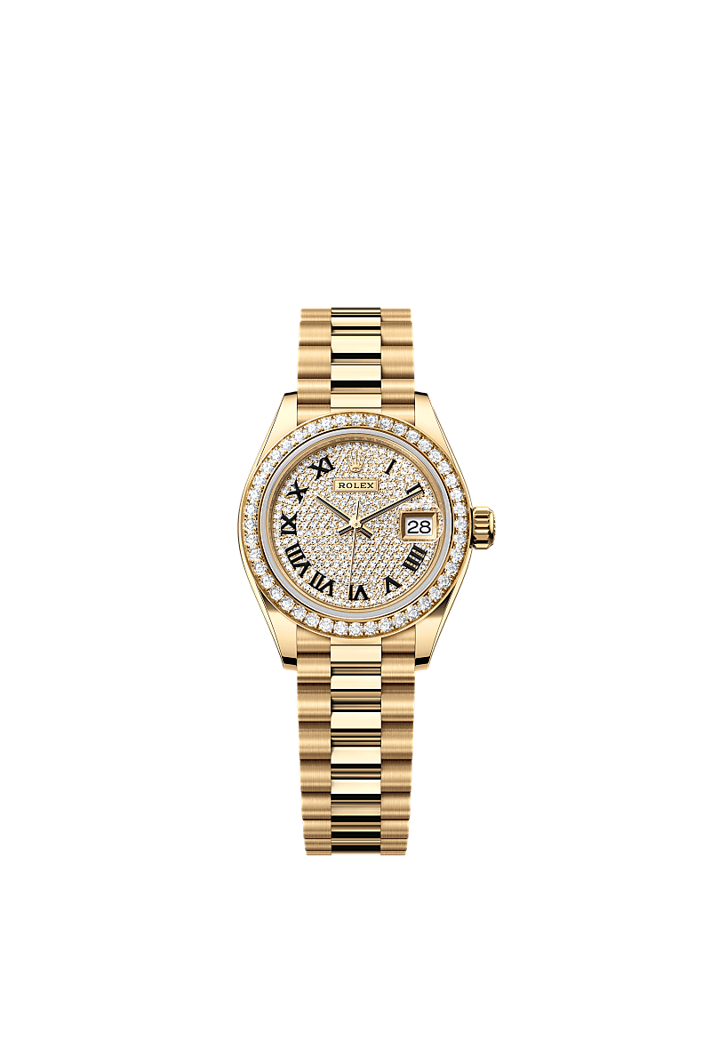 女装日志型, 蚝式,28毫米,钻石及黄金, 表盘 : 密镶钻石, Rolex