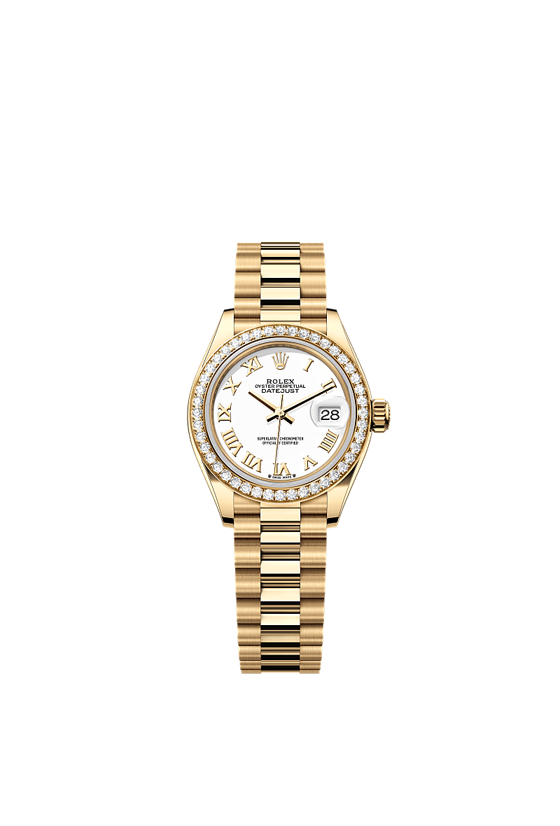 女装日志型, 蚝式，28毫米，钻石及黄金, 表盘 : 白色, Rolex