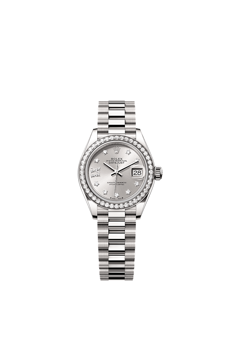 Lady-Datejust, Oyster, 28 mm, white gold and diamonds, Dial : Silver set with diamonds, Rolex