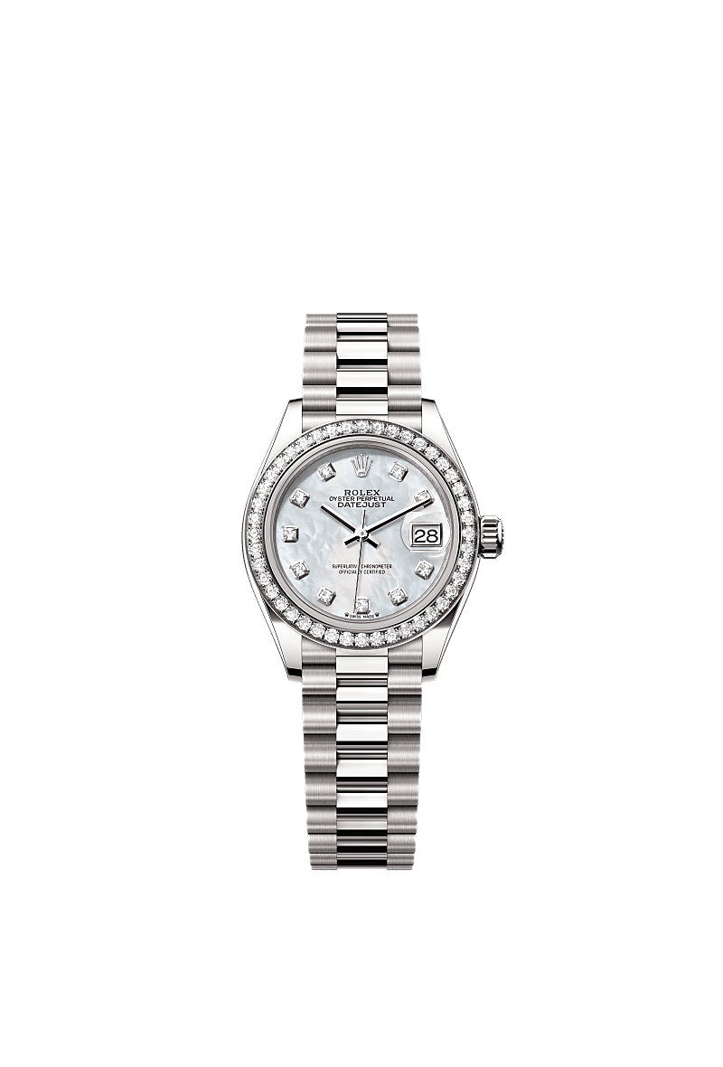 Lady-Datejust, Oyster, 28 mm, white gold and diamonds, Dial : White mother-of-pearl set with diamonds, Rolex