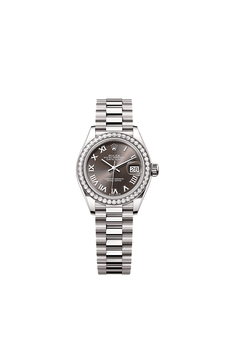 女装日志型, 蚝式，28毫米，钻石及白色黄金, 表盘 : 深灰色, Rolex