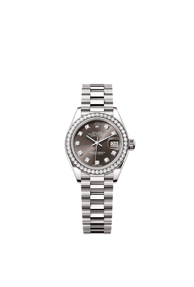Lady-Datejust, Oyster, 28 mm, white gold and diamonds, Dial : Dark grey set with diamonds, Rolex
