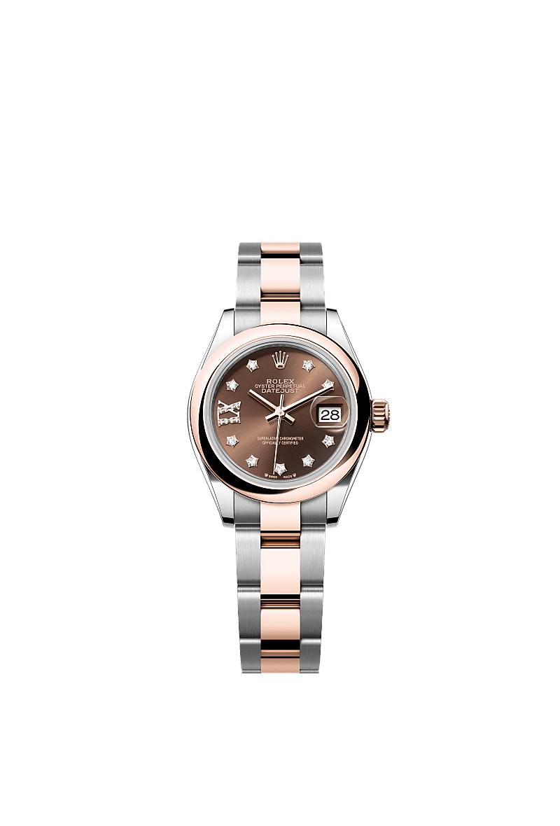 Lady-Datejust, Oyster, 28 mm, Oystersteel and Everose gold, Dial : Chocolate set with diamonds, Rolex