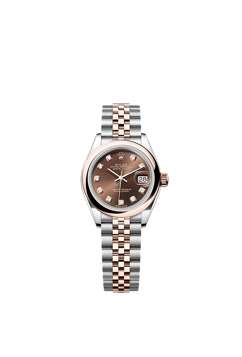 Lady-Datejust, Oyster, 28 mm, Oystersteel and Everose gold, Dial : Chocolate set with diamonds, Rolex