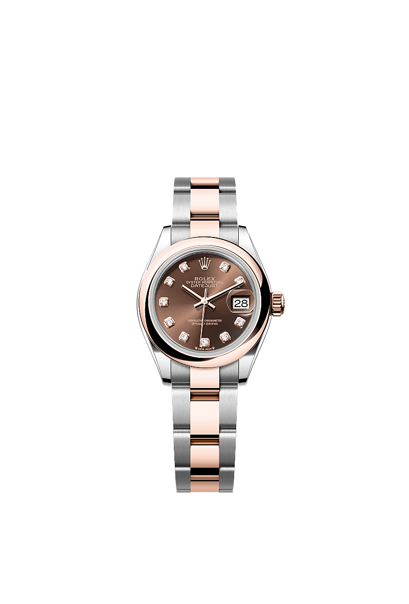 Lady-Datejust, Oyster, 28 mm, Oystersteel and Everose gold, Dial : Chocolate set with diamonds, Rolex