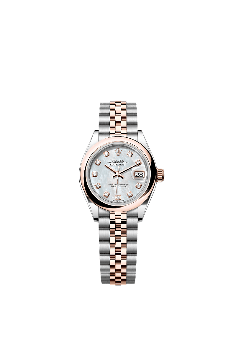 Lady-Datejust, Oyster, 28 mm, Oystersteel and Everose gold, Dial : White mother-of-pearl set with diamonds, Rolex