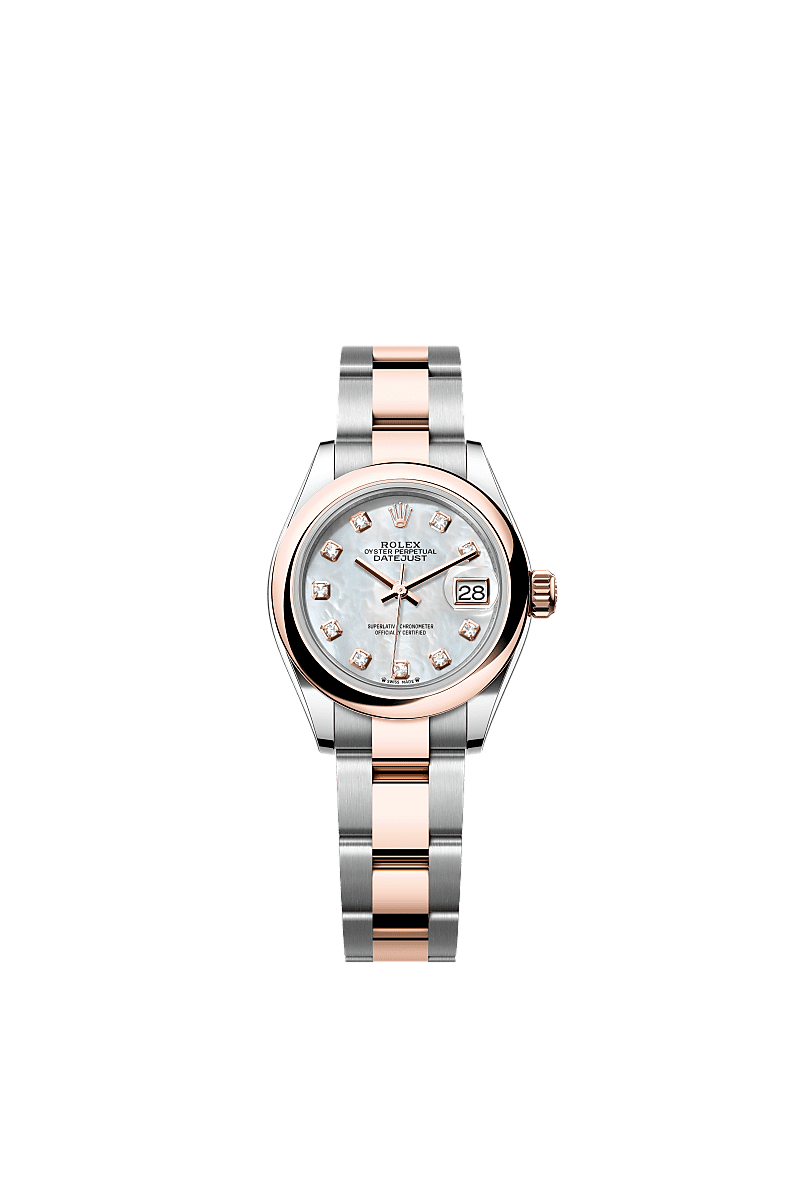 Lady-Datejust, Oyster, 28 mm, Oystersteel and Everose gold, Dial : White mother-of-pearl set with diamonds, Rolex