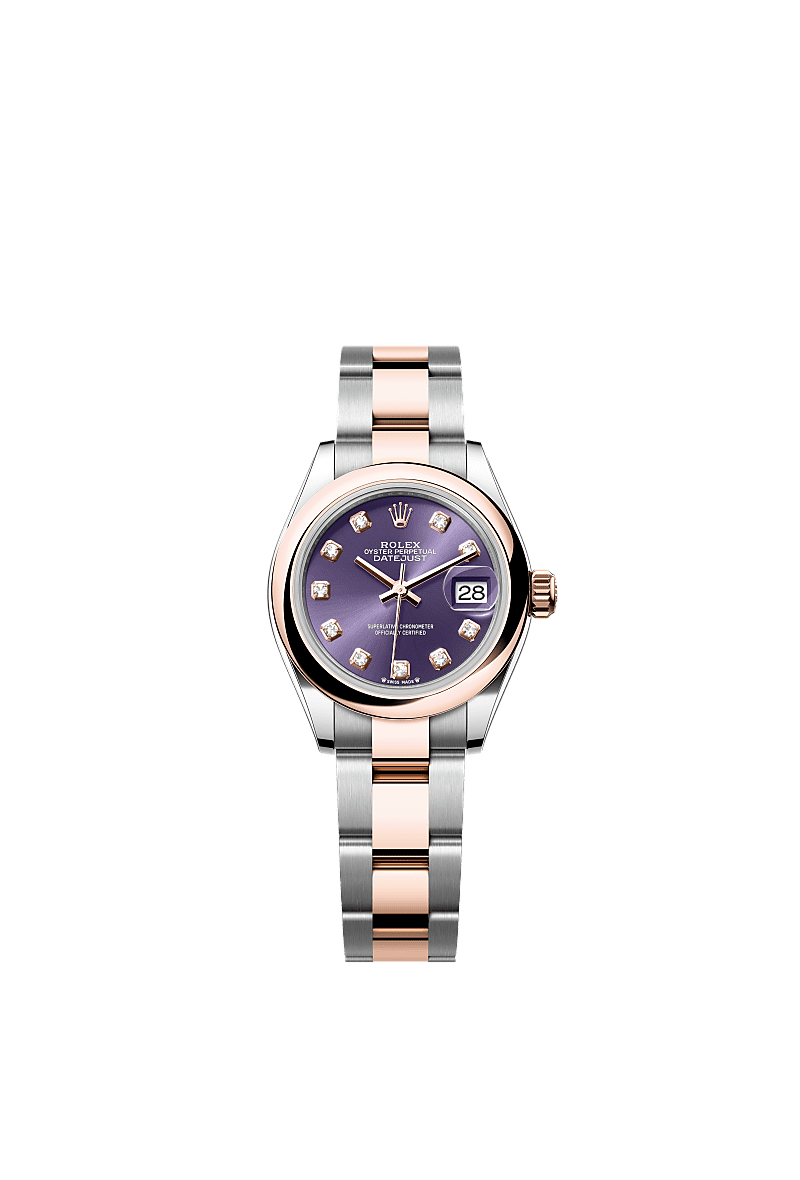 Lady-Datejust, Oyster, 28 mm, Oystersteel and Everose gold, Dial : Aubergine set with diamonds, Rolex
