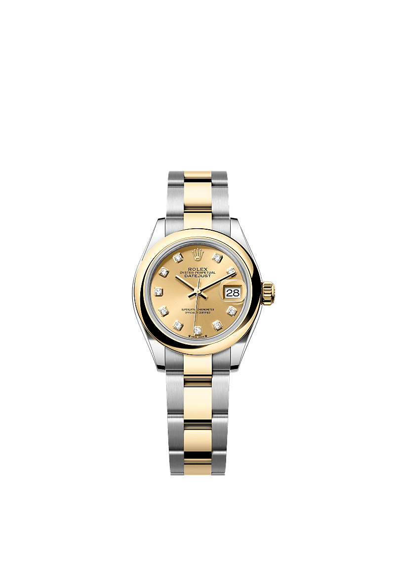 Lady-Datejust, Oyster, 28 mm, Oystersteel and yellow gold, Dial : Champagne-colour set with diamonds, Rolex