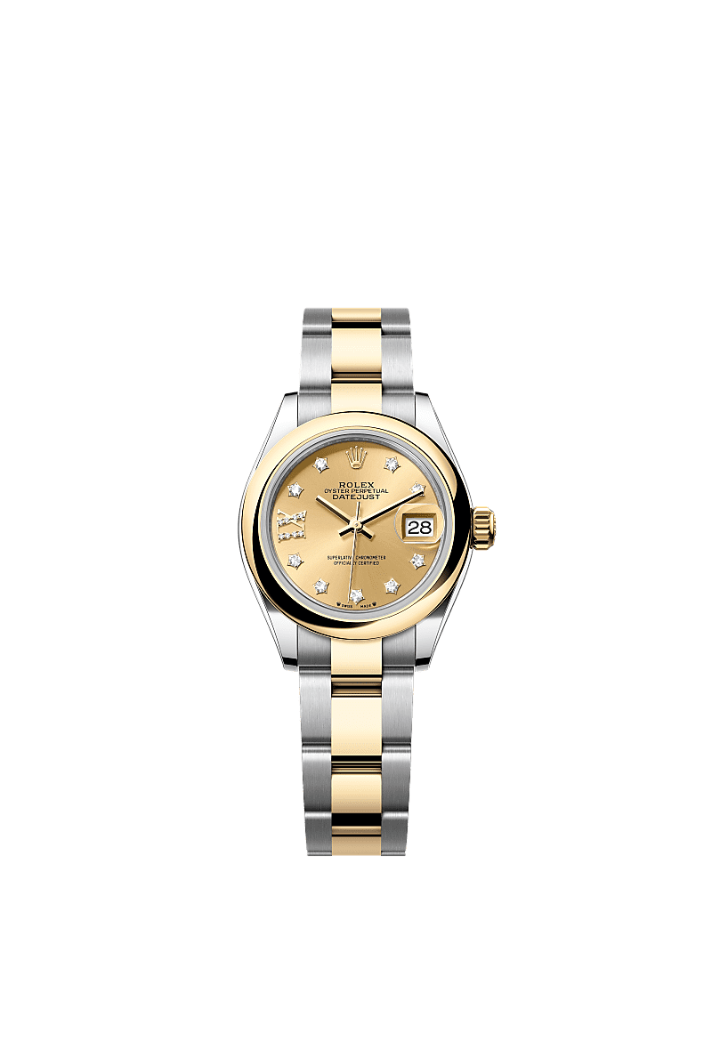 Lady-Datejust, Oyster, 28 mm, Oystersteel and yellow gold, Dial : Champagne-colour set with diamonds, Rolex