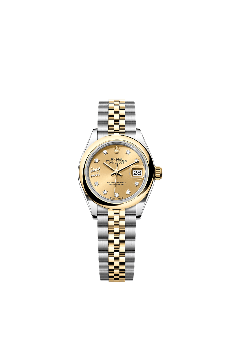 女装日志型, 蚝式，28毫米，黄金及蚝式钢, 表盘 : 香槟色，镶钻石, Rolex