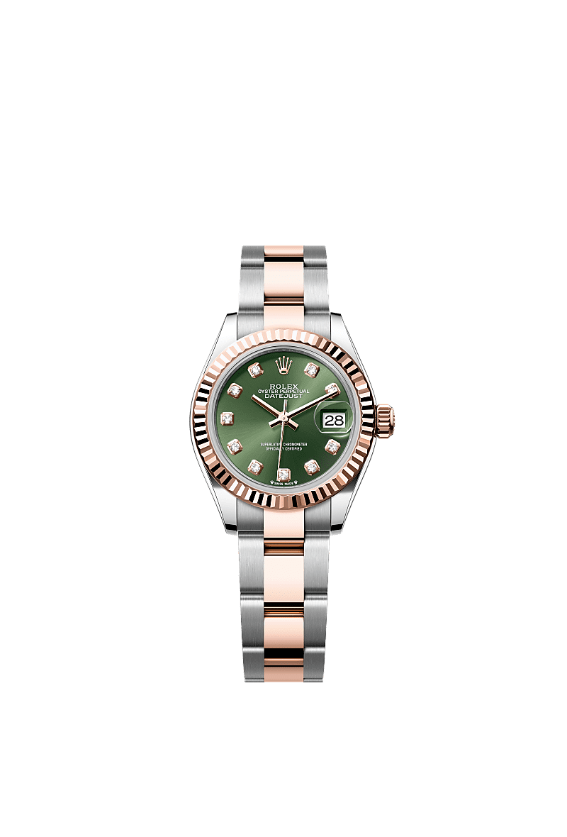 Lady-Datejust, Oyster, 28 mm, Oystersteel and Everose gold, Dial : Olive green set with diamonds, Rolex