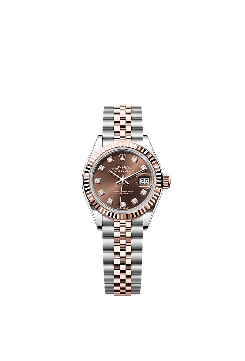 Lady-Datejust, Oyster, 28 mm, Oystersteel and Everose gold, Dial : Chocolate set with diamonds, Rolex