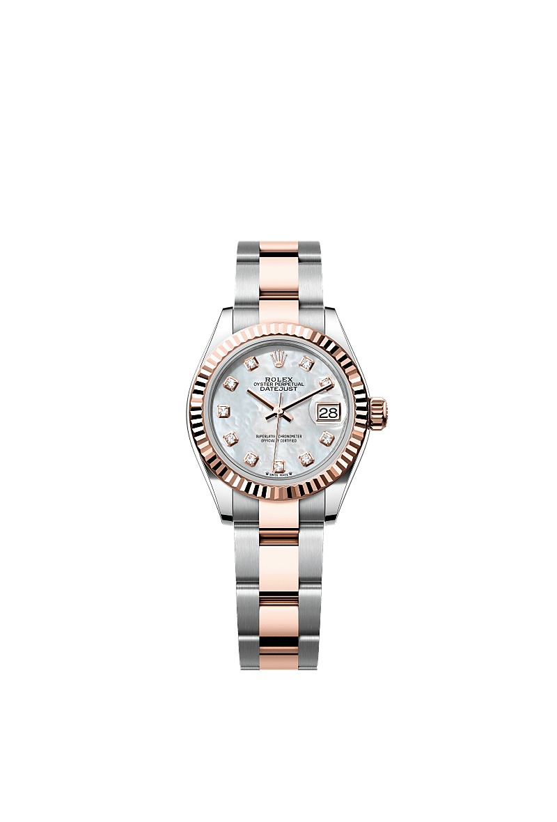 Lady-Datejust, Oyster, 28 mm, Oystersteel and Everose gold, Dial : White mother-of-pearl set with diamonds, Rolex