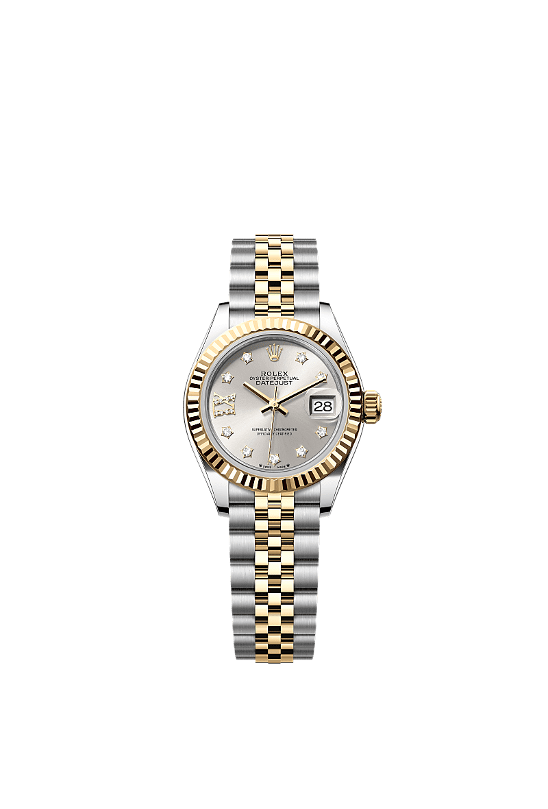 女装日志型, 蚝式,28毫米,黄金及蚝式钢, 表盘 : 银色,镶钻石, Rolex
