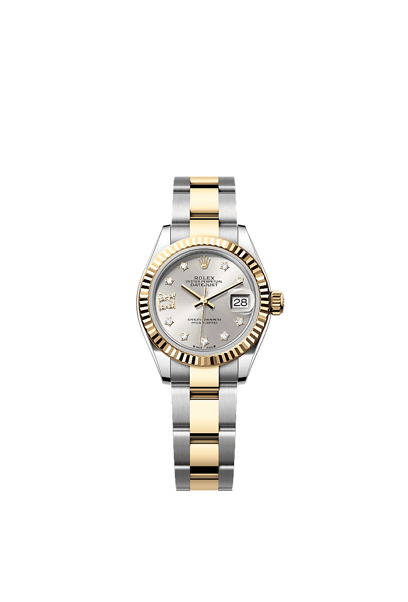 Lady-Datejust, Oyster, 28 mm, Oystersteel and yellow gold, Dial : Silver set with diamonds, Rolex