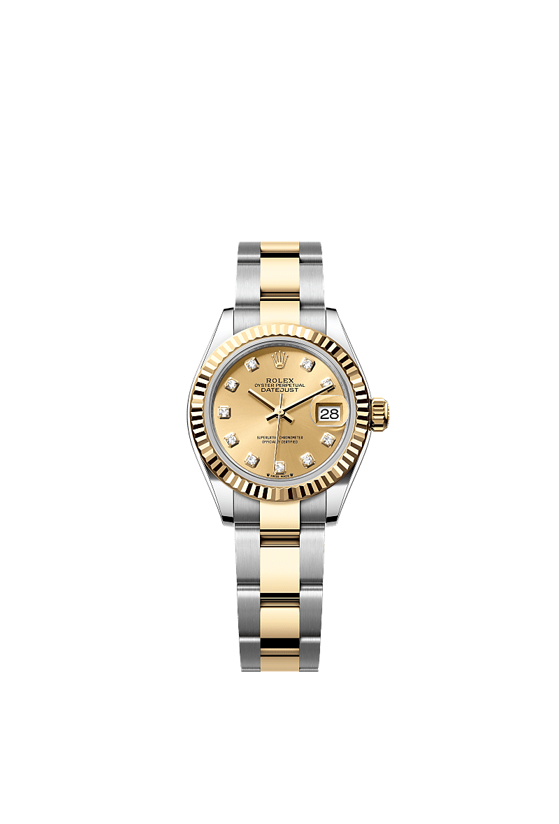 女装日志型, 蚝式,28毫米,黄金及蚝式钢, 表盘 : 香槟色,镶钻石, Rolex
