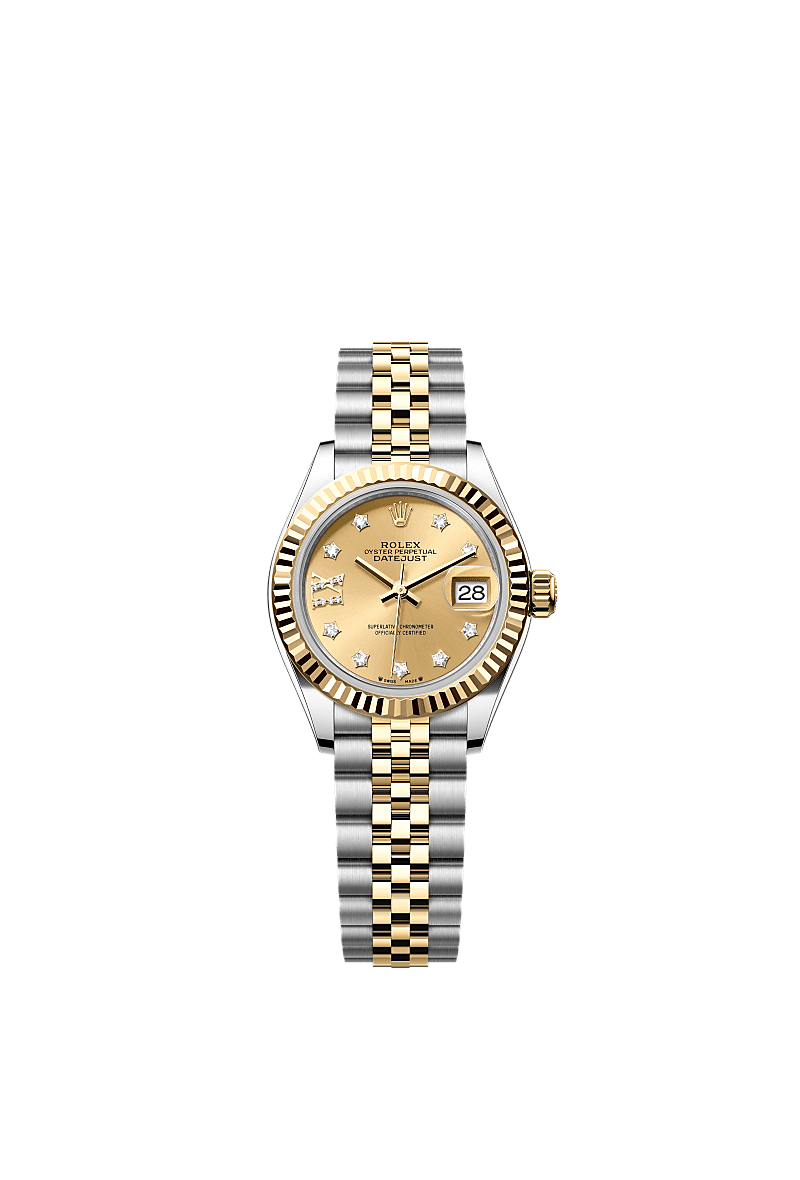 Lady-Datejust, Oyster, 28 mm, Oystersteel and yellow gold, Dial : Champagne-colour set with diamonds, Rolex