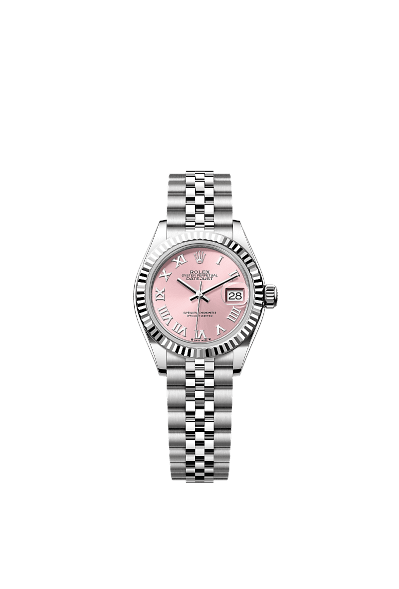 女装日志型, 蚝式,28毫米,白色黄金及蚝式钢, 表盘 : 粉红色, Rolex