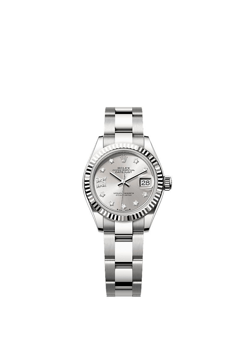 Lady-Datejust, Oyster, 28 mm, Oystersteel and white gold, Dial : Silver set with diamonds, Rolex