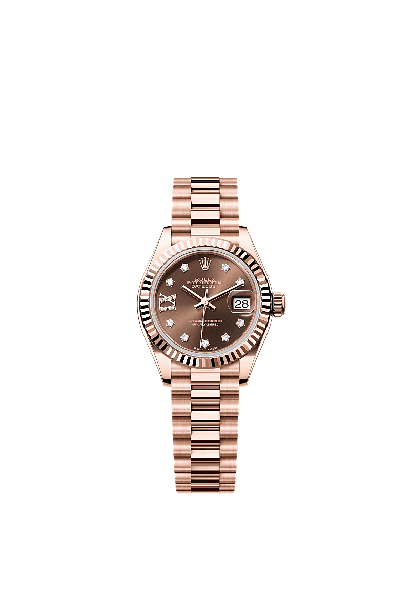 女装日志型, 蚝式,28毫米,永恒玫瑰金, 表盘 : 巧克力色,镶钻石, Rolex