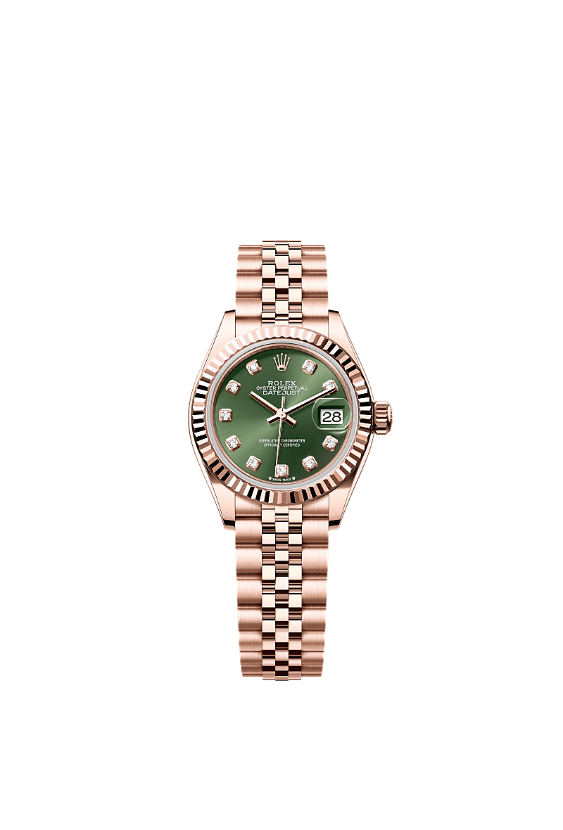 Lady-Datejust, Oyster, 28 mm, Everose gold, Dial : Olive green set with diamonds, Rolex