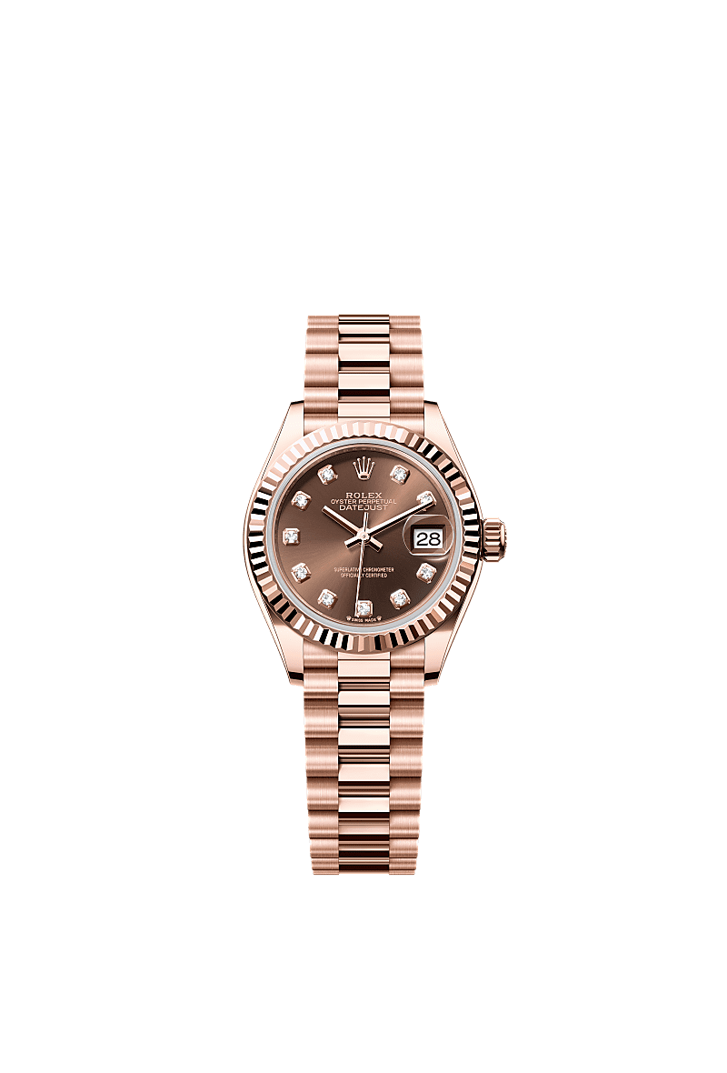 Lady-Datejust, Oyster, 28 mm, Everose gold, Dial : Chocolate set with diamonds, Rolex