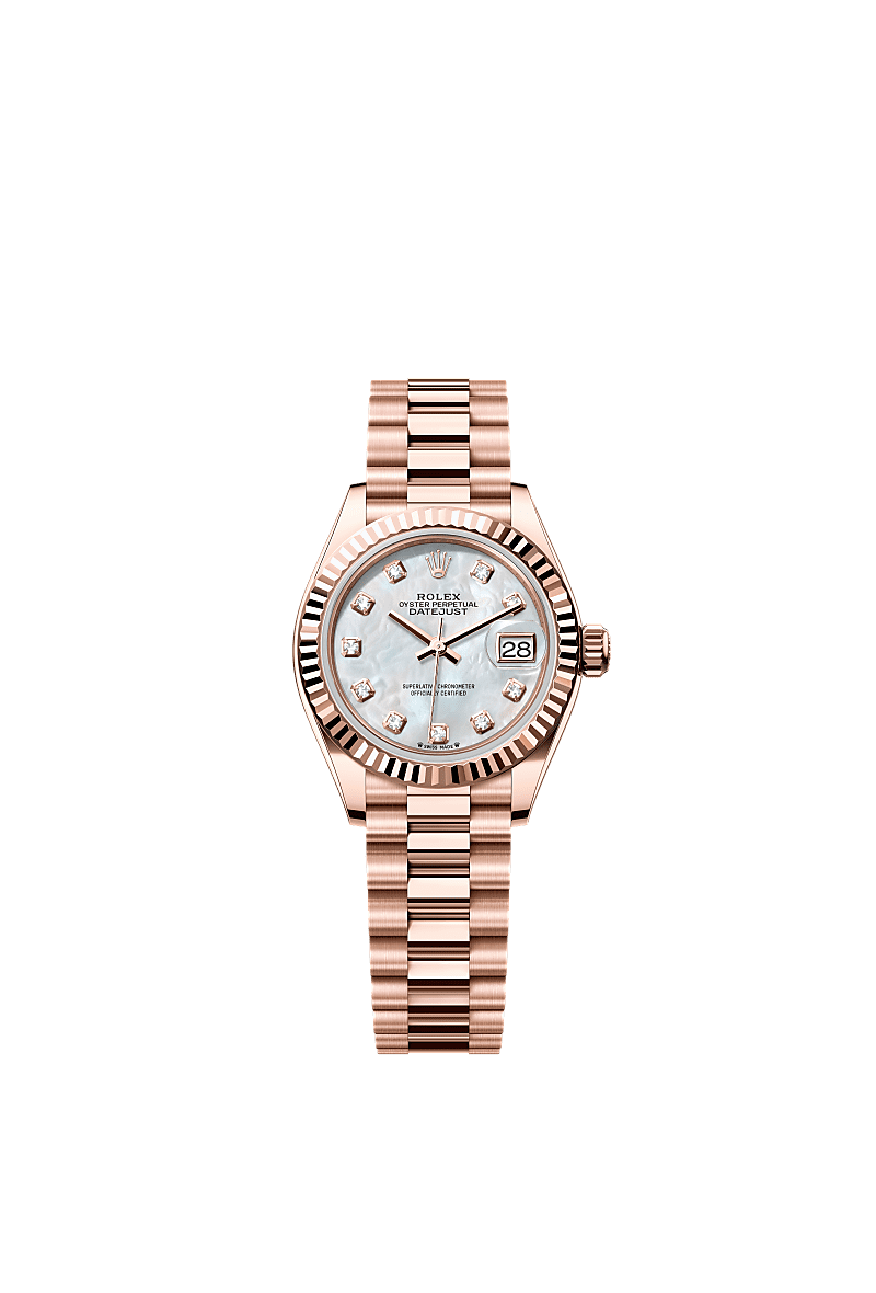 Lady-Datejust, Oyster, 28 mm, Everose gold, Dial : White mother-of-pearl set with diamonds, Rolex