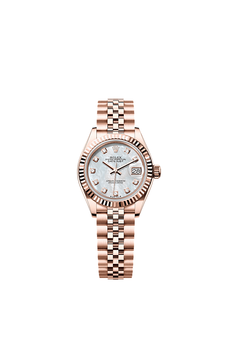Lady-Datejust, Oyster, 28 mm, Everose gold, Dial : White mother-of-pearl set with diamonds, Rolex