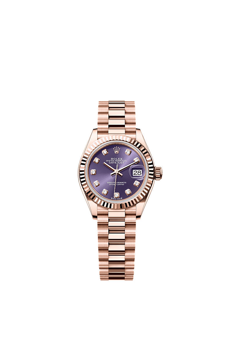 女装日志型, 蚝式,28毫米,永恒玫瑰金, 表盘 : 茄紫色,镶钻石, Rolex